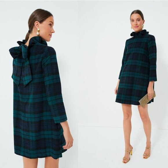 Tuckernuck NEW Blackwatch Daphne Plaid Wool Blend Long Sleeve Mini Dress Size XS